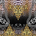 Golden Baroque with Silver Chains on Leopard Skin Background Ready for Textile Prints.