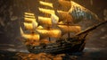 Golden barque ship with square sails on luxury abstract wave art background in gold line art style. Generative Ai