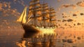 Golden barque ship with square sails on luxury abstract wave art background in gold line art style. Generative Ai