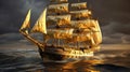 Golden barque ship with square sails on luxury abstract wave art background in gold line art style. Generative Ai Royalty Free Stock Photo