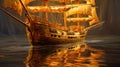 Golden barque ship with square sails on luxury abstract wave art background in gold line art style. Generative Ai