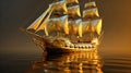 Golden barque ship with square sails on luxury abstract wave art background in gold line art style. Generative Ai Royalty Free Stock Photo