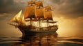Golden barque ship with square sails on luxury abstract wave art background in gold line art style. Generative Ai