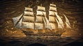 Golden barque ship with square sails on luxury abstract wave art background in gold line art style. Generative Ai