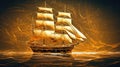 Golden barque ship with square sails on luxury abstract wave art background in gold line art style. Generative Ai Royalty Free Stock Photo