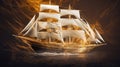 Golden barque ship with square sails on luxury abstract wave art background in gold line art style. Generative Ai