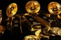 Gold ingot and bitcoin against black background