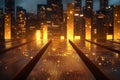 Golden bars on wooden floor, city skyline in the backdrop