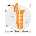 Golden bass saxophone clipart cartoon style. Bass saxophone brass musical instrument flat vector illustration