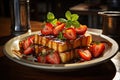 Golden battery of waffles with strawberries and syrup., generative IA