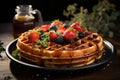 Golden battery of waffles with strawberries and syrup., generative IA