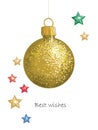 Golden bauble and golden stars with glitter texture