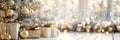 Golden baubles adorn christmas tree with presents, white merry christmas holiday background
