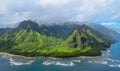 Golden beach and green mountains at the  Na Pali Coast shoreline, aerial view shot from a helicopter, Kauai, Hawaii Royalty Free Stock Photo