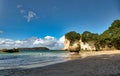 The golden beach and stunning rock formations and archway at Cathedral cove in the Coromandel NZ