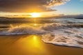 golden beach, with view of the sunset and waves rolling into shore Royalty Free Stock Photo