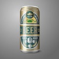 Golden beer can with label, isolated on gray