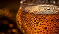 Golden beer drop falls into frothy glass generated by AI