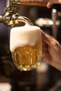 Golden beer tap with beer mug on bar stand and hand pulling a natural beer Royalty Free Stock Photo