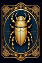 The golden beetle is in the center of an ornate frame, AI