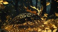 Mystical Golden Beetle with Antlers in Enchanted Forest at Night Royalty Free Stock Photo