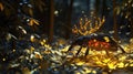 Enchanted Forest Beetle With Glowing Antlers, Magical Creature Macro Royalty Free Stock Photo