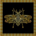 A golden beetle with a golden square frame in Greek style.