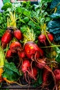 Golden beets with green leafy tops at farmers market