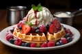 Golden Belgian waffle adorned with ice cream, fresh berries indulgence Royalty Free Stock Photo