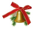 Golden bell with fir branches, cone and red bow ribbon isolated on white background. Xmas or New Year elements for design. Vector Royalty Free Stock Photo