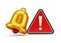 Golden bell and red alert sign with exclamation mark on white background Royalty Free Stock Photo