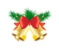 Golden bell with red bow and pine branch garland