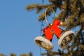 Golden bells with red bow on Christmas tree branch on street - new year concept Royalty Free Stock Photo