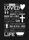 Golden Bible verse John 3 16 For God so loved the world, made hand lettering with heart and cross on black background Royalty Free Stock Photo