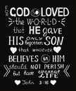 Golden Bible verse John 3 16 For God so loved the world, made hand lettering with hearts on black background.