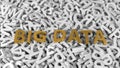 Golden `big data` text on stack of white letters. 3d illustration