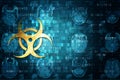 Golden Biohazard symbol on blue digital background with copyspace. Science concept.