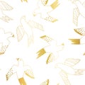 Golden birds flying seamless vector pattern. Repeating background with abstract birds faux metallic gold foil texture on Royalty Free Stock Photo