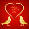 Golden birds Pigeons and heart valentines place for text red background vintage vector illustration editable