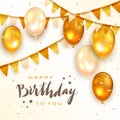 Golden Birthday Balloons and Pennants on White Background