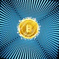 Golden bit coin in the center of blue tunnel from shiny dots