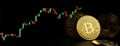 Golden bit coin model and stock market graph for crypto currency finance business on banner black background