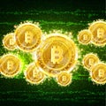 Golden bit coins flying on green information noise background