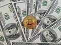 Golden bitcoin banknotes on electronic banknote. Mining and trading virtual currencies Royalty Free Stock Photo