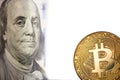 Golden Bitcoin and banknotes Royalty Free Stock Photo