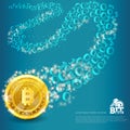 Golden bitcoin with binary code trail on blue. Abstract vector business background Royalty Free Stock Photo