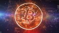 Golden Bitcoin in Blue Meshwork with Nebulas Royalty Free Stock Photo