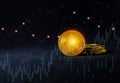 Golden bitcoin with Candle stick graph chart of stock market investment trading, on black background. Crypto currency concept Royalty Free Stock Photo