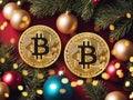 Golden bitcoin and christmas baubles on red background. Cryptocurrency concept