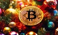 Golden bitcoin on Christmas tree background. Cryptocurrency. New Year and Christmas